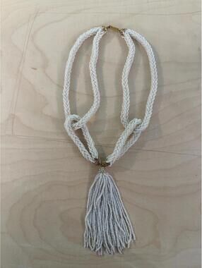 Vintage Tassel Pearl and Opalescent Woven Beaded necklace rhinestone gold detail